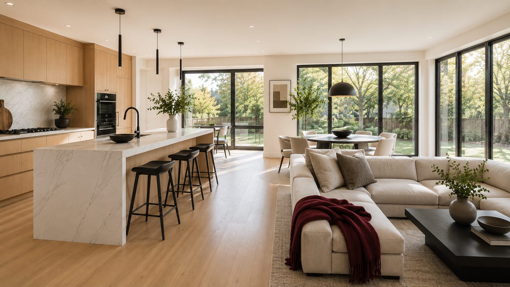 A warm, modern renovated kitchen and living space by iDream Reno