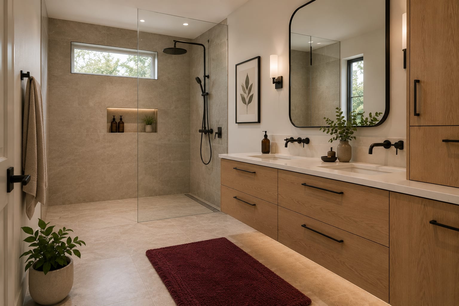 Spa-style ensuite bathroom with a curbless walk-in shower