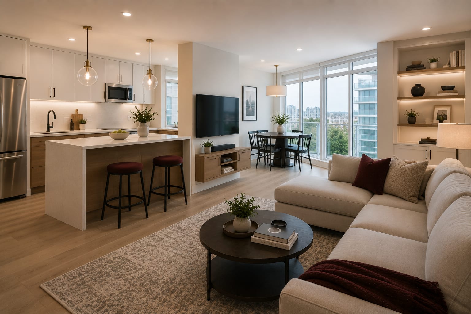 Renovated condo interior with an open layout and concealed storage