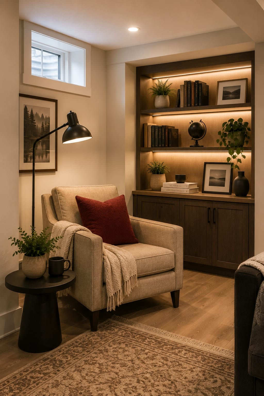 Bright lower-level living room with a sofa and area rug