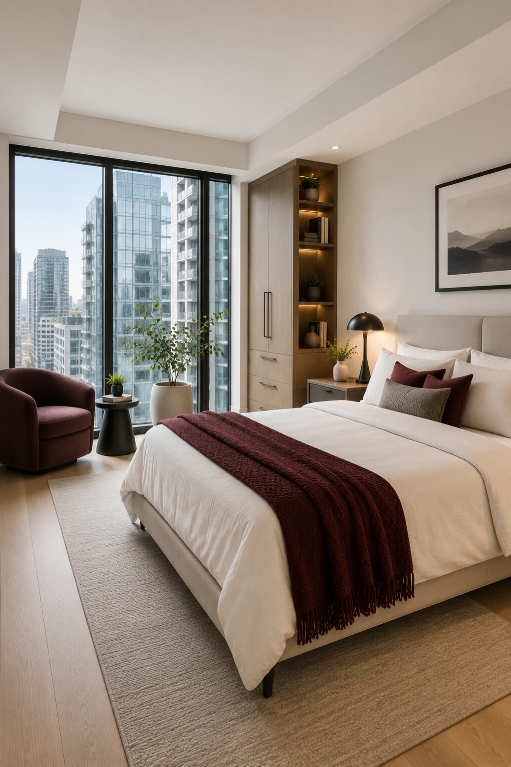 Modern condo bedroom with floor-to-ceiling windows