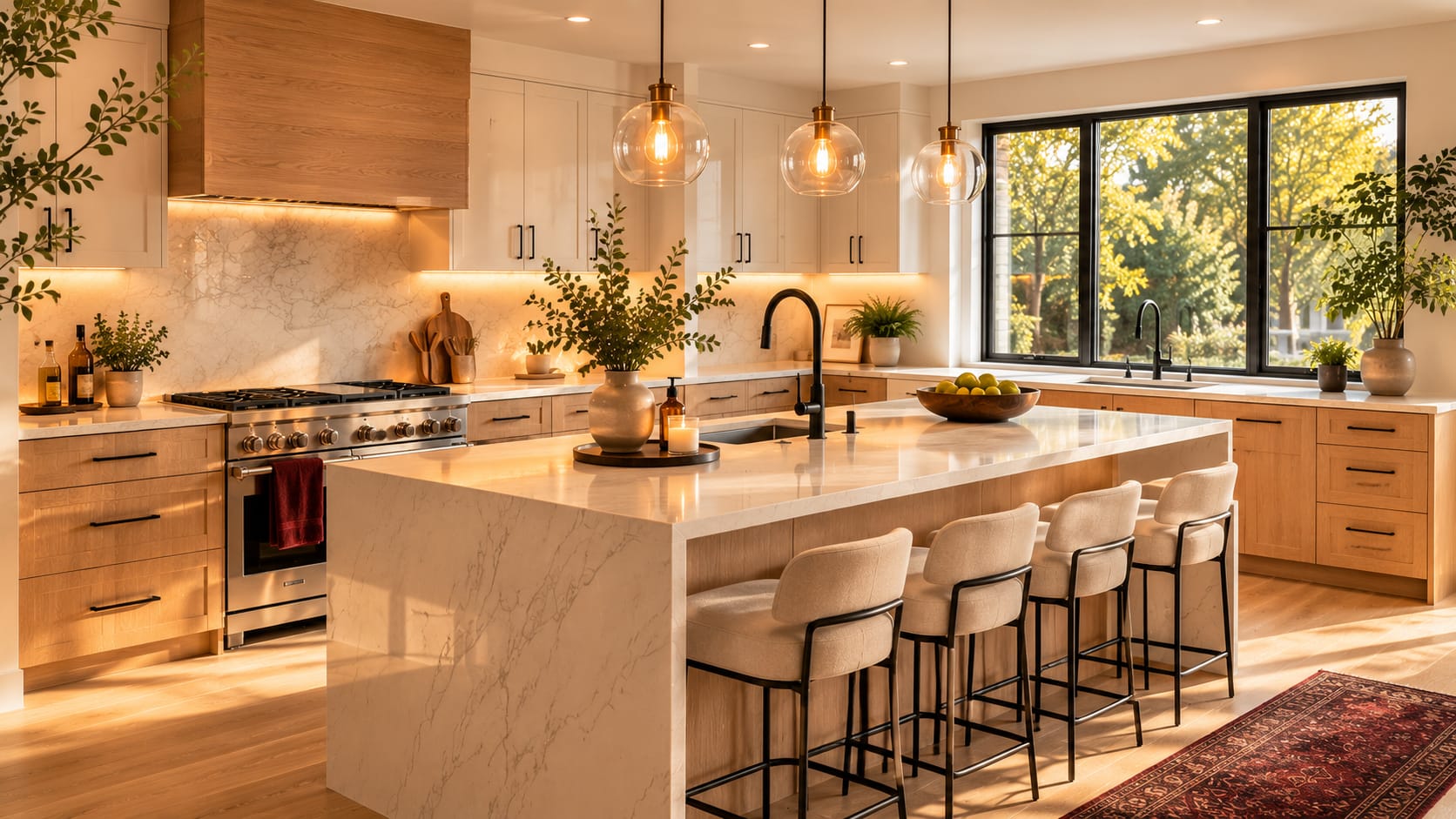 Modern renovated kitchen with an island, warm wood cabinetry, and pendant lighting