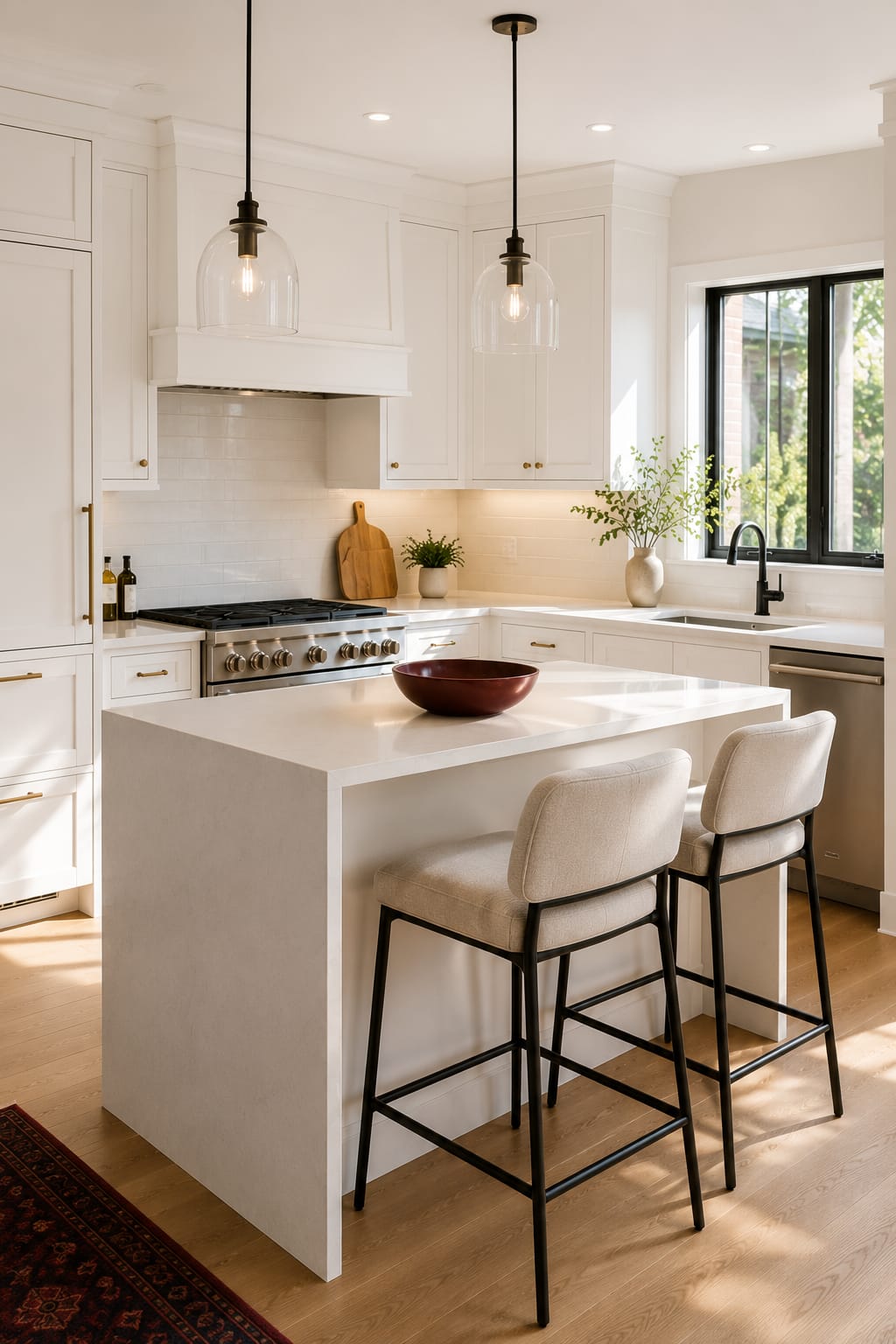 Bright white kitchen with a large island and bar seating
